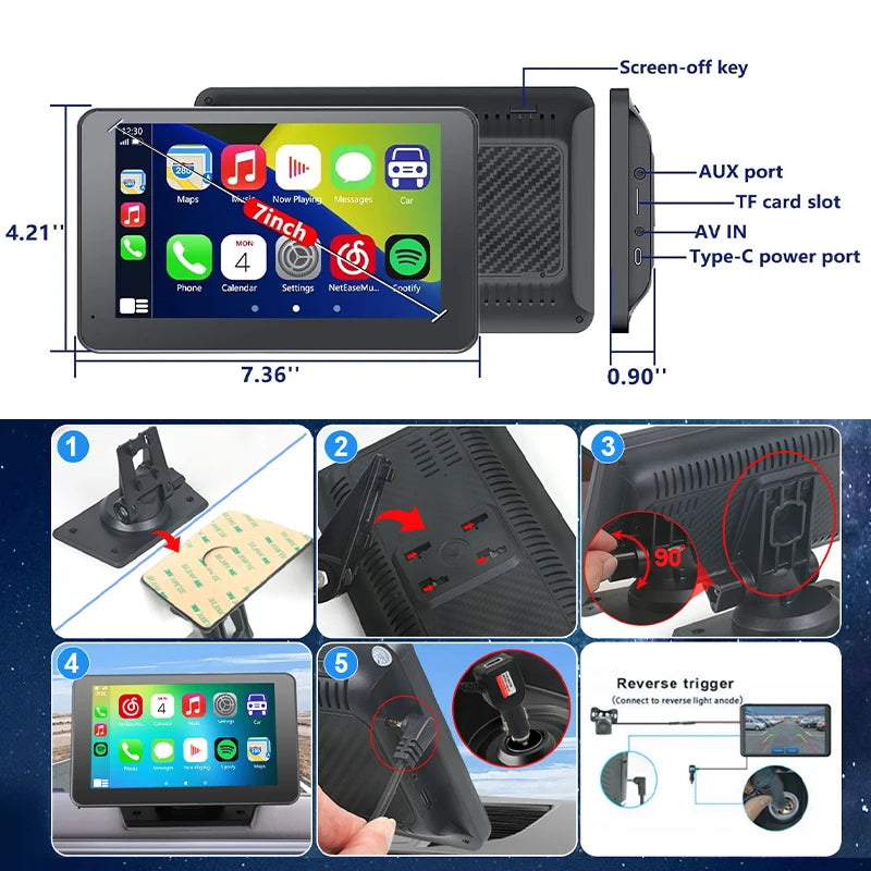 Zepolde | 7-Inch HD Touchscreen Portable Car Display - Wireless CarPlay & Android Auto